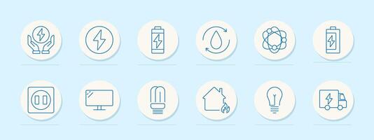 Energy set icon. Hands holding energy symbol, battery, water cycle, atomic structure, electrical truck, plug. Represent renewable energy, conservation, and efficient power usage vector