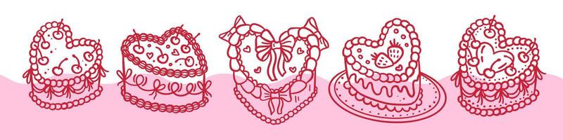 Set of Retro Cake heart-shaped in Groovy Coquette style with cherry and ribbon bows. Hand drawn linear doodle illustration, vector