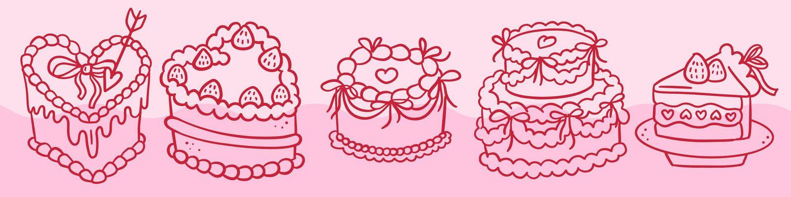Vintage Heart Cakes set with Coquette bows. Doodle Retro Hand Drawn Outline doodle sweets.