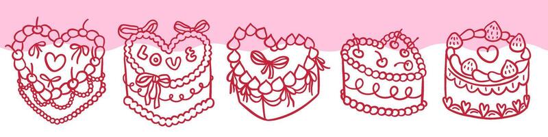 Heart Shaped Cakes set in vintage coquette style. Hand drawn linear doodle illustration. vector
