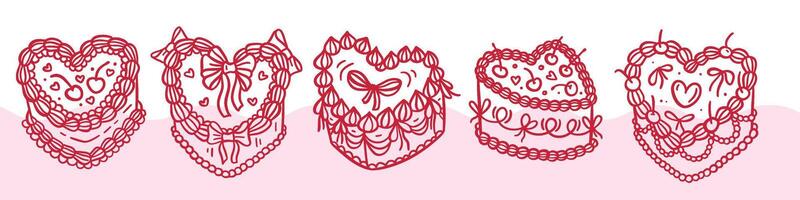 Set of heart shaped cakes. linear illustration of cakes with cherries and bows. Coquette hand drawn doodle illustration. vector