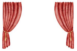 Watercolor illustration of red Theater Curtains. Drawing of Circus velvet Drapes for Stage on isolated background for event invitations or performance templates. Art of Carnival object for party cards vector