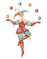 Watercolor illustration of juggling Clown in costume with a Jester hat. Drawing of colorful character with balls for Circus design. Art of Carnival show for baby shower greeting cards or invitations. vector