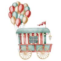 Vintage Circus Wagon illustration with red and green stripes with festive balloons and a flag. Watercolor drawing of Carnival cart for performance posters or party greeting cards design. vector