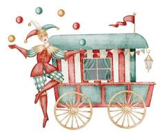Watercolor illustration of juggling Jester and Circus Wagon. Drawing of Carnival cart and clown for festival invitations design or performance posters in vintage style. Art for show. vector