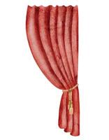 Watercolor illustration of red Curtain tied with a golden tassel. Drawing of theatre Drape for backgrounds or backdrops. Art of textile for performance or circus show. vector