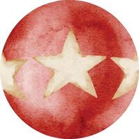 Watercolor illustration of a red Ball adorned with golden stars. Drawing for Circus object or carnival element. Round balloon for festival design in retro style. Playful sphere for performance. vector
