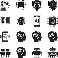 black and white icons related to artificial intelligence and technology vector