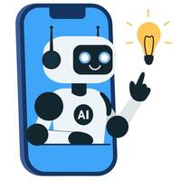 Cute chat bot AI robot points to the light bulb from mobile vector