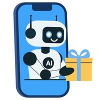 Illustration chat bot, robot with gift from mobile phone isolated white background vector