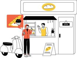 Flat Illustration Bakery Stall with Delivery Driver vector