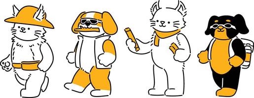 This set of playful cartoon illustrations highlights animals like dogs and cats in fun adventure uniforms, perfect for branding, educational projects, or storytelling visuals. vector