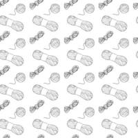 Hand-wound ball of thread, small skein with thread remnants and factory-made skein of yarn. Doodle style. Seamless pattern. vector