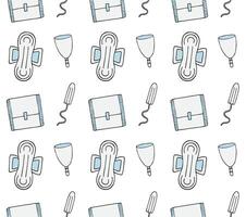 Seamless pattern of different hand drawn doodle sketch menstrual pad tampon and cup vector