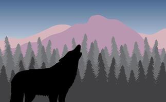 Howling wolf silhouette in flat landscape with spruce tree forest and mountains vector