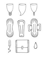 Set bundle of different hand drawn doodle sketch menstrual pad tampon and cup vector
