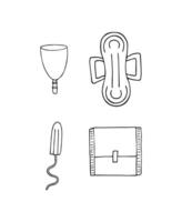 Set bundle of hand drawn doodle sketch menstrual pad tampon and cup vector