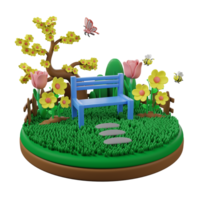 A small blue bench with flowers and a tree png