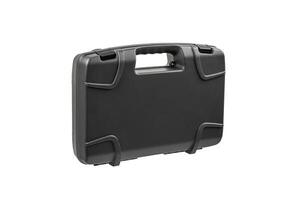 Gray, hard plastic suitcase with textured surface, handle and secure latches photo