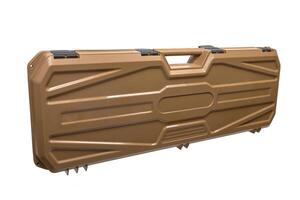 A brown, hard plastic rifle case with a textured surface, secure latches, and a handle for easy transport. photo
