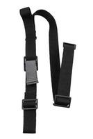 An adjustable black strap with plastic buckles, ideal for bags, backpacks, or luggage, set against a white backdrop, showcasing its versatility and practicality. photo