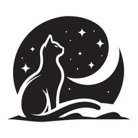 a black and white cat sitting on the moon with stars in the background vector