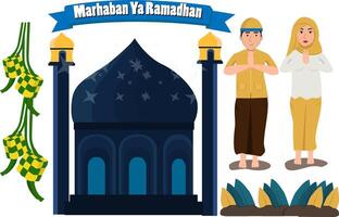 a cartoon of a man and woman praying in front of a mosque vector