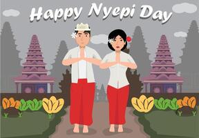 Illustration of Bali's Nyepi day of silence with two men and a woman praying vector