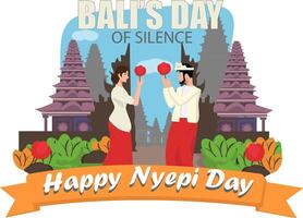 Bali Nyepi day background with two people praying and holding flowers in front of a gate vector