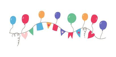 Flags, hearts, balloons. Banner. Funny cartoon greeting card decor, party invitation. vector