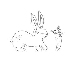 Hare with carrot. Easter bunny drawing, line art. One line drawing. Cute silhouette of a rabbit. Festive spring greeting card design. Isolated background. vector