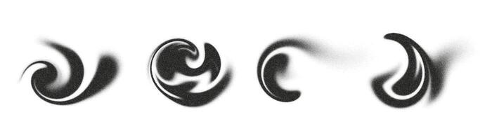 Complex vortices in various blurry forms form an abstract composition, demonstrating the dynamic interaction of noise and visual rhythm on a white background. vector