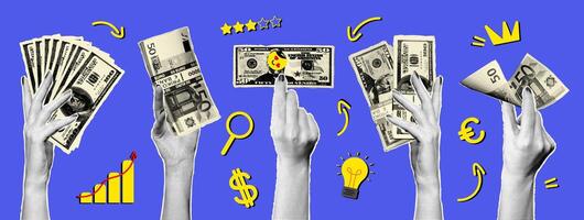 Creative representation of hands showcasing various stacks and bills of currency with playful designs illustrating finance concepts. vector