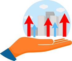 Growth graph sign. Up Arrow Line Icon. in the palm of the hand. Trending red and blue curve arrows. Impulsive trading of stock news. vector