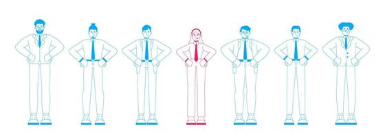 Female leader standing out in business team 2D illustration concept. Corporate diversity. Gender representation in workplace cartoon characters isolated on white. Metaphor abstract flat graphic vector