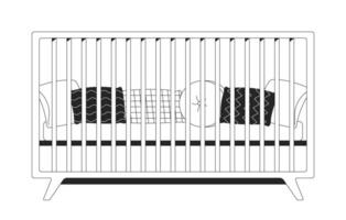 Baby crib with mattress and cushions black and white 2D line object. Nursery furniture. Parenting essentials. Infant bedding isolated clip art outline item. Monochromatic spot illustration vector