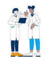 Female STEM scientists collaborating on research cartoon flat illustration. Two diverse women in lab coats discussing data on laptop 2D characters isolated on white background. colorful image vector
