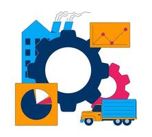 Industry, logistics and data analysis 2D illustration concept. Supply chain. Transportation management. Efficiency factory cartoon composition isolated on white. Metaphor abstract flat graphic vector