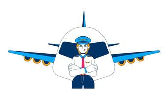 Female pilot with airplane cartoon flat illustration. Airline captain. Confident woman leader with crossed arms in aviation career 2D character isolated on white background. colorful image vector