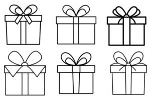Six black line art gift boxes with ribbons. vector