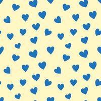 Seamless repeat pattern with navy blue hand drawn doodle hearts on cream background. vector
