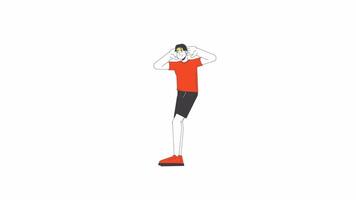Young adult asian man doing exercise warm-up 2D character animation. Fitness routine. Stretching cartoon 4K , alpha channel. Korean guy in tshirt shorts with sneakers animated person on white video