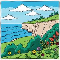 a cartoon illustration of a cliff with flowers and trees vector