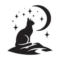 a black cat sitting on a hill with stars and a moon white background vector