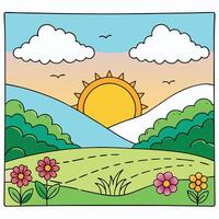a cartoon sun and flowers in the field vector