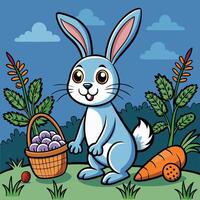 a cartoon rabbit with a basket of eggs and plants vector