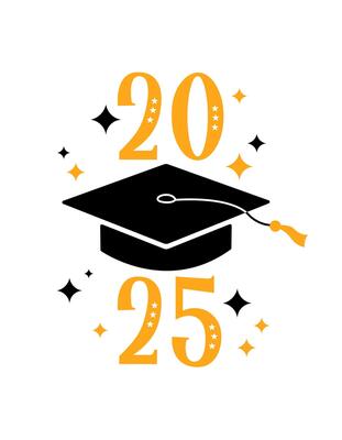 2025 Graduation print, greeting card, poster. flat illustration. Black color academic cap and golden 2025 numbers on white background. Mortarboard graduate symbol
