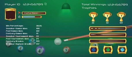 Billiad app game home page. with score cue trophy, level, profile, UI UX game design, American billiards, illustration vector