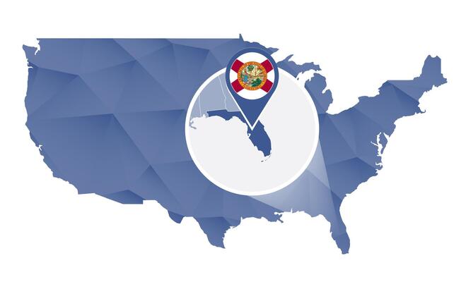 Florida State magnified on United States map.