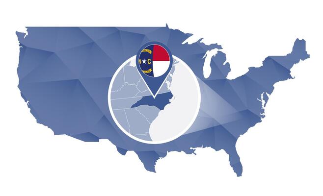 North Carolina State magnified on United States map.